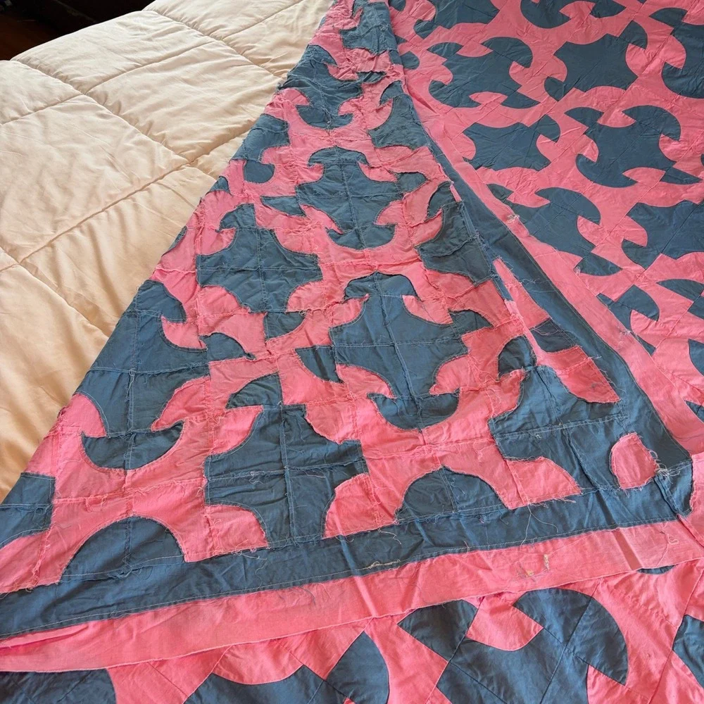 Vintage 1941 Dunkard's Path Pink Blue Handmade Quilt Top 72x80 farmhouse cottage
